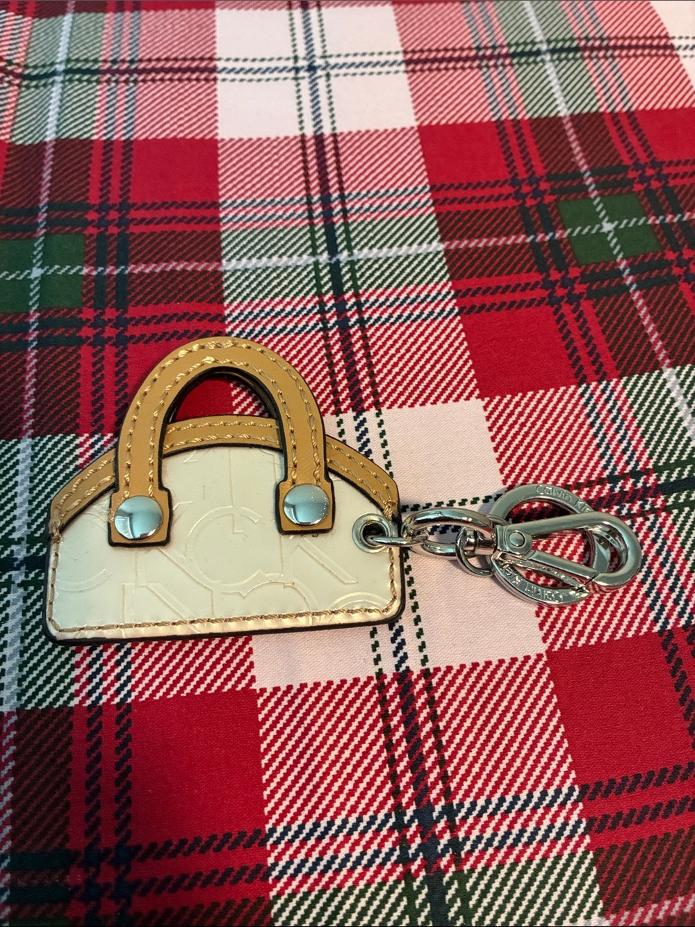Calvin Klein Cream and Tan Mini Handbag Keychain with Silver Hardware